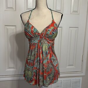 Linda Segal red & turquoise print turquoise stone straps silk halter top Size S